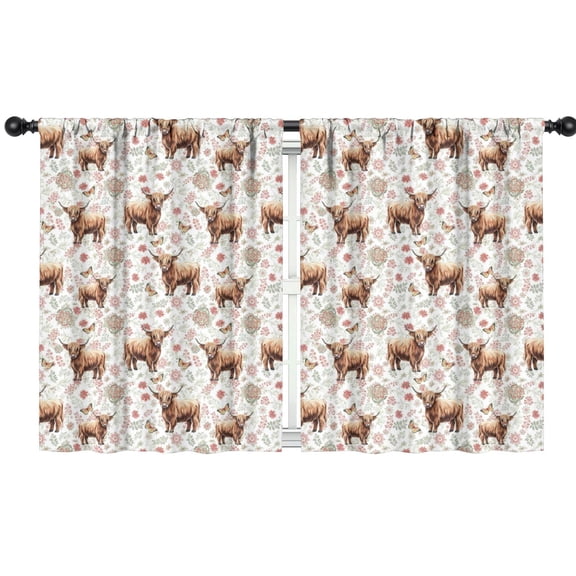 Blackout Kids Curtains,White Highland Cow Flower Butterfly Pattern Childrens Insulated Curtains Set Of 2,Bedroom Essentials,Toddler Room Decor 42"x54"