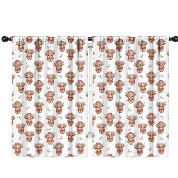 Blackout Kids Curtains,White Highland Cow Flower Butterfly Pattern Childrens Insulated Curtains Set Of 2,Bedroom Essentials,Toddler Room Decor 42"x63"