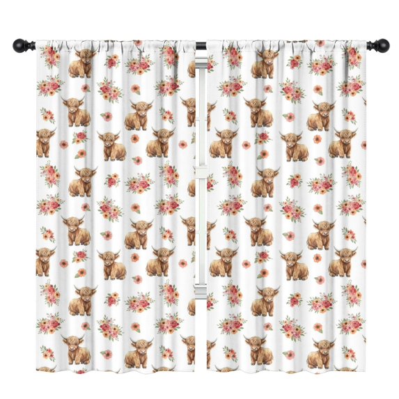 Blackout Kids Curtains,White Highland Cow Flower Pattern Childrens Insulated Curtains Set Of 2,Bedroom Essentials,Toddler Room Decor 42"x84"