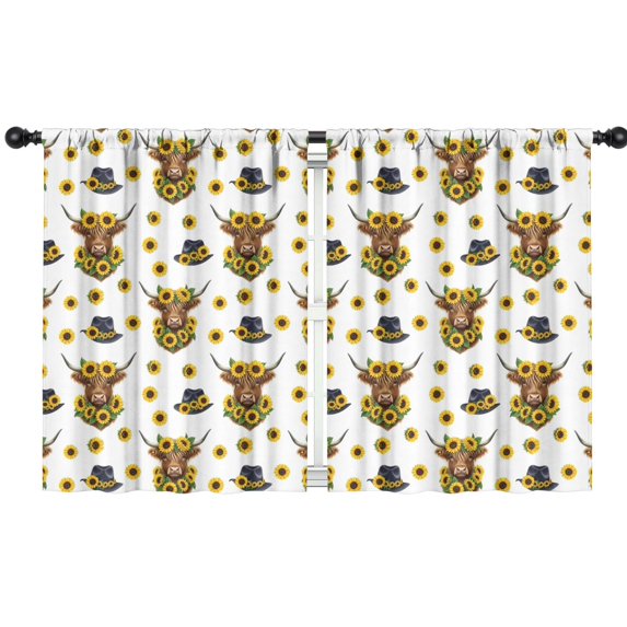 Blackout Kids Curtains,White Highland Cow Sunflower Hat Pattern Childrens Insulated Curtains Set Of 2,Bedroom Essentials,Toddler Room Decor 42"x54"
