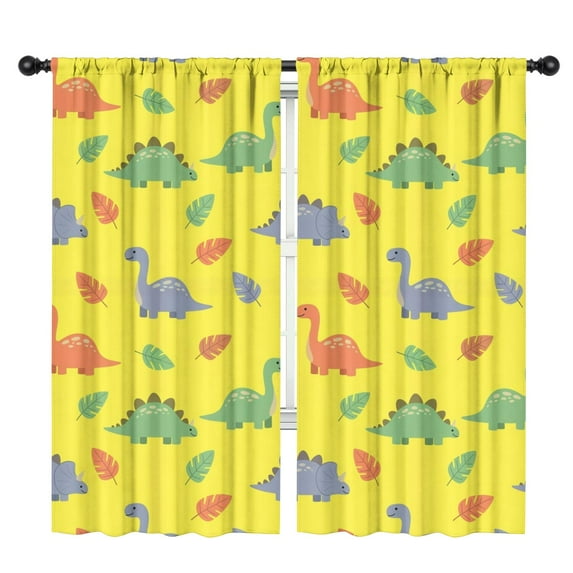 Blackout Kids Curtains,Yellow Cartoon Dinosaurs Leaves Pattern Childrens Insulated Curtains Set Of 2,Bedroom Essentials,Toddler Room Decor 42"x84"