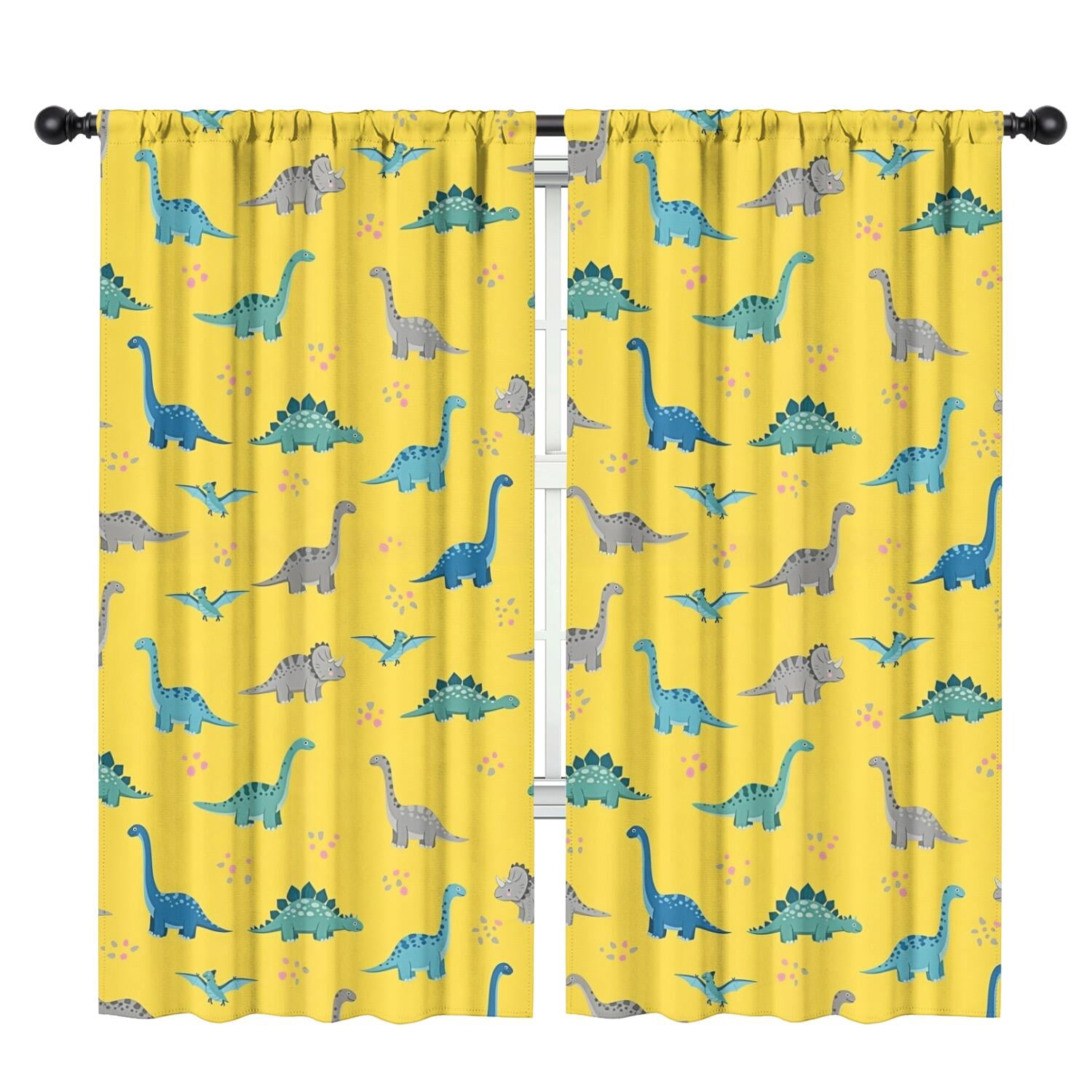 Blackout Kids Curtains,Yellow Cartoon Dinosaurs Pattern Childrens Insulated Curtains Set Of 2,Bedroom Essentials,Toddler Room Decor 42"x84"