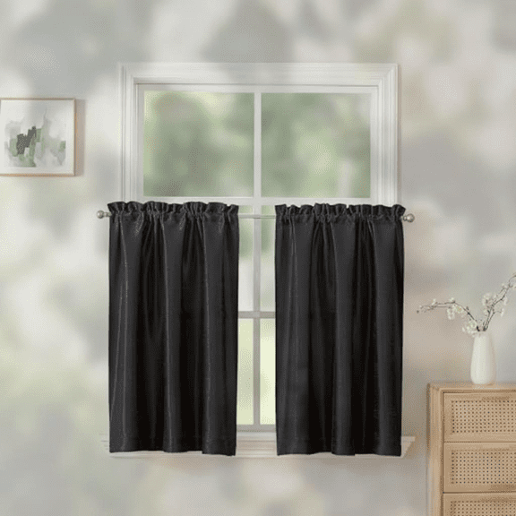 Blackout Kitchen Curtains 36 Inch Length, Faux Silk Room Darkening Privacy Short Tier Curtains for Small Window, Farmhouse Bedroom, Basement, Bathroom, Each 30 x 36 Inches