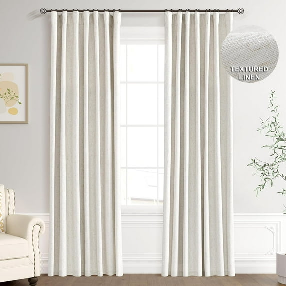 Blackout Linen Curtains for Bedroom, Natural Black Out Back Tab Hook Belt Room Darkening Thermal Insulated Drapes for Living Room Window in Cream Ivory, 2 Panel