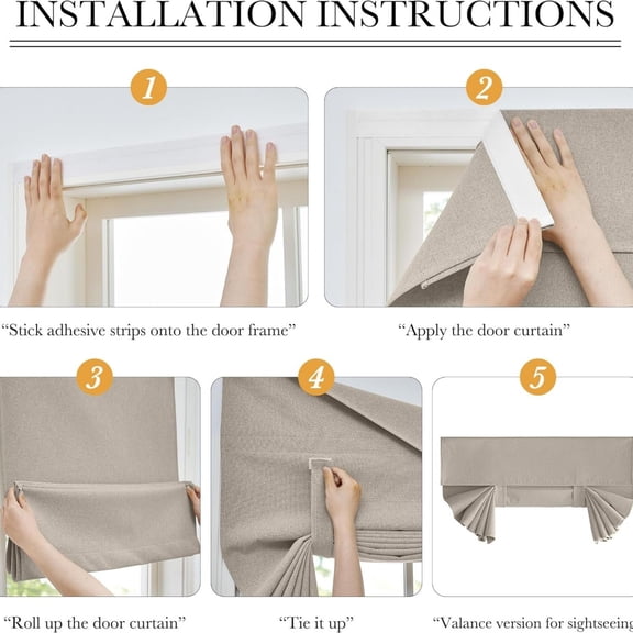 Blackout Linen French Door Curtain - Home Decor No Drill Door Curtain for Front Window, Thermal Insulated Privacy Blinds with 2 Adhesive Tapes, W 26 x L 40, 1 Panel, Sand