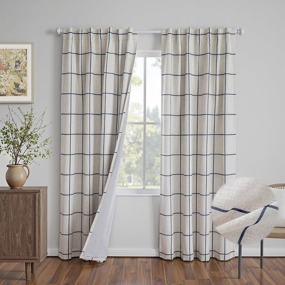 Blackout Navy Blue Plaid Linen Curtains 52" W x 84" L 2 Panels Double Layer Thermal Insulated Back Tab and Rod Pocket
