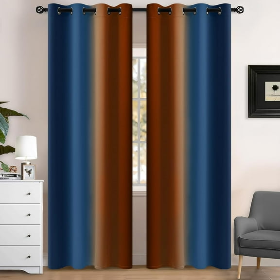 Blackout Ombre Dark Blue and Burnt Orange Curtains-Gradient Room Darkening Curtain, Grommet Thermal Insulated Light Blocking Window Drapes Curtain for Living Room Bedroom,52 x 84 Inch,2 Panels