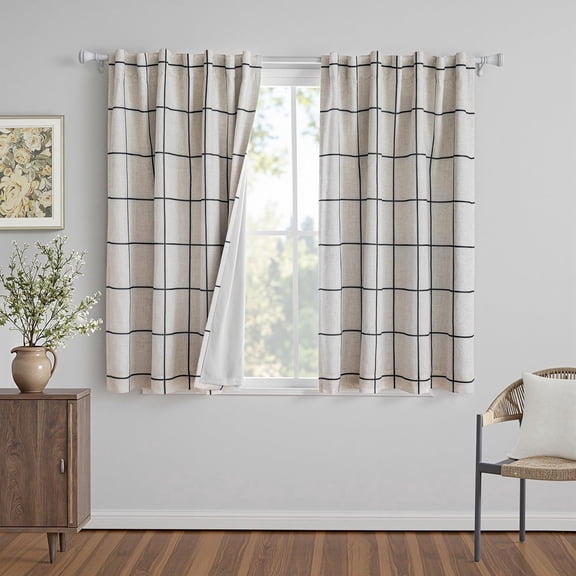 Blackout Plaid Linen Curta45 Inches Long Double Layer Farmhouse Thermalulated Checkered Print Drapes With Rod Pocket Tab For Small Window 2 Panels 52" Wide Black
