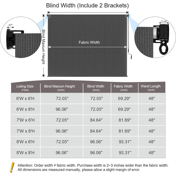 Blackout Roller Shades Cordless Blinds for , Free-up-Down Shades with Wand, Breathable Fabric,  Protection, Blinds for Wall Windows Home Sun Shade (72" W x 72" H, Grey)