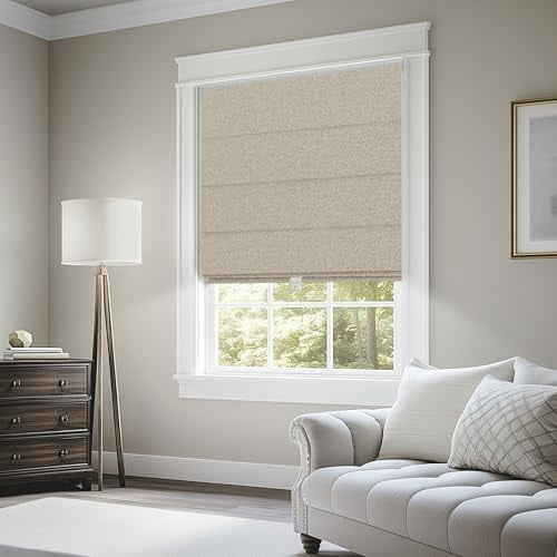 Blackout Roman Shades for Windows Cordless,Pull Down Linen Fabric Roman Blinds,Privacy Window Shades for Door Windows,Bedroom,Office,Easy to Install,Light Brown,46" W x 48" H Fastest Arrival