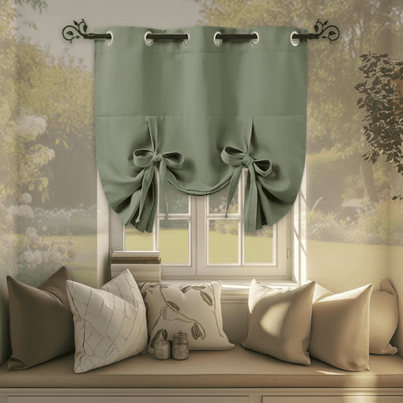 Blackout Roman Shades for Windows - Tie Up Kitchen Bathroom Bedroom Bay Window Curtains with Valance, Grommet Top Balloon Blind, 1 Piece 46 x 63 Inches, Sage Green