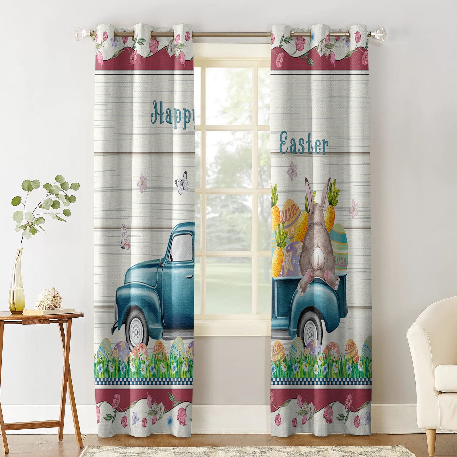 Blackout Room Darkening Curtains, Easter Rabbits Eggs Carrots on Truck