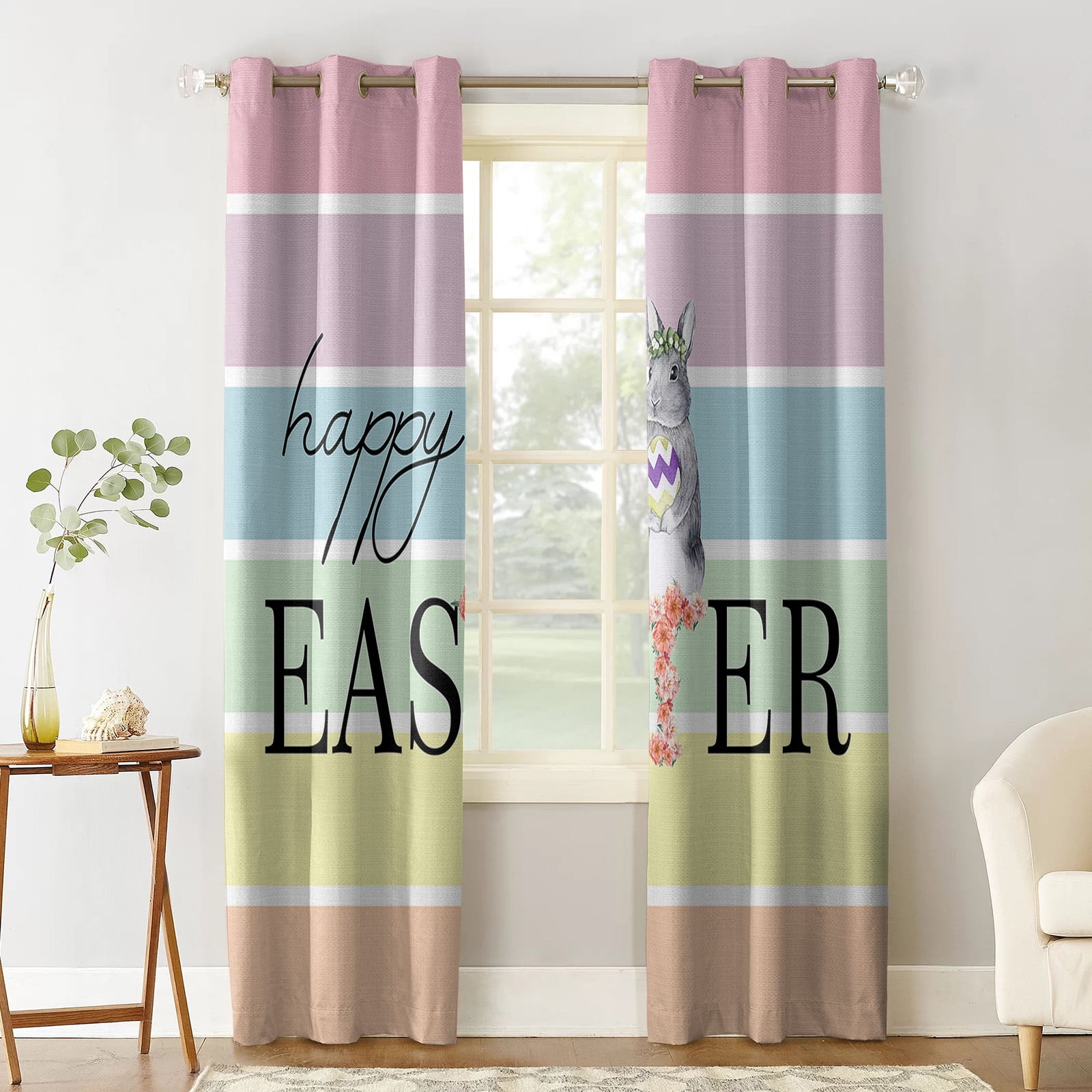 Blackout Room Darkening Curtains, Easter Watercolor Bunny Holding Egg