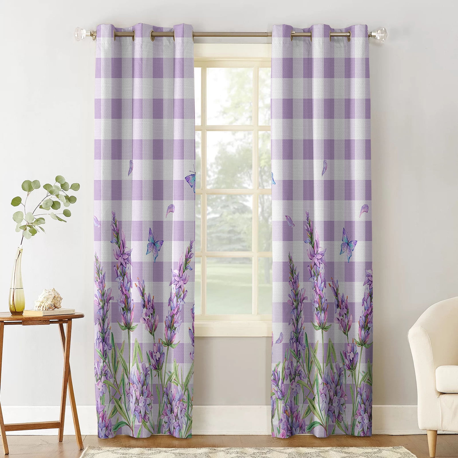 Blackout Room Darkening Curtains, Farm Floral Lavender Butterfly Purple