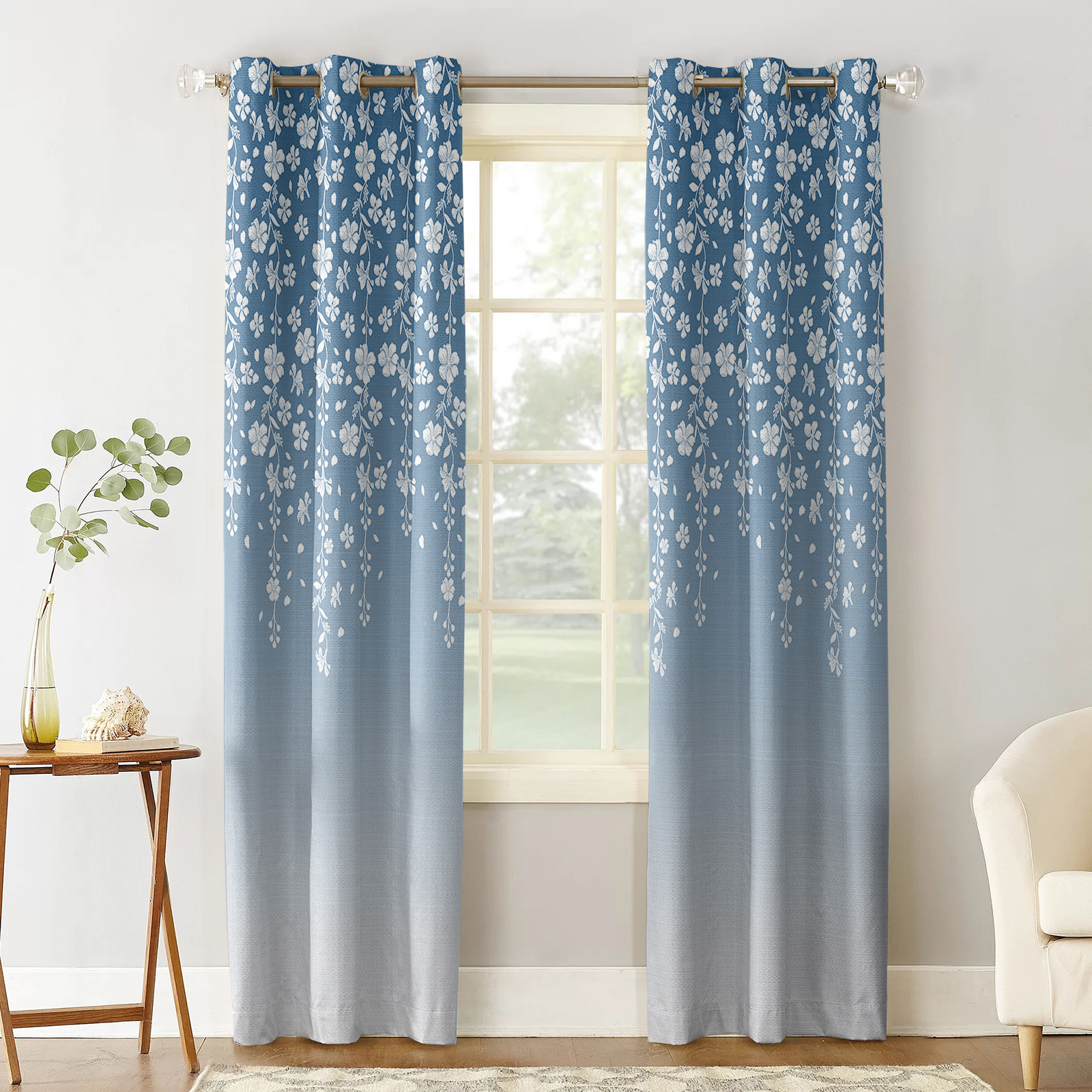 Blackout Room Darkening Curtains, Flower White Cherry Blossoms Blue