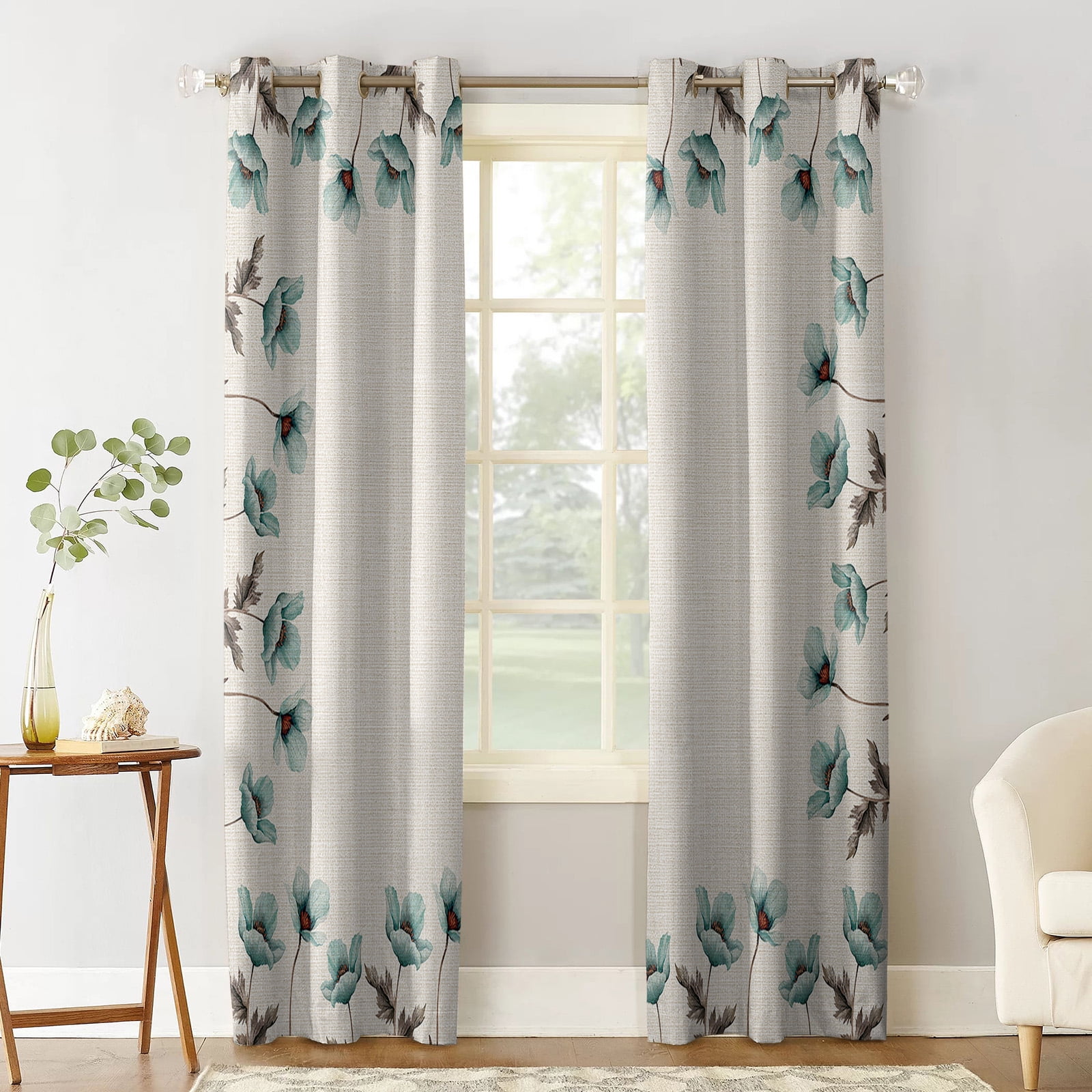 Blackout Room Darkening Curtains, Flowers Teal Tuilps Floral Cotton
