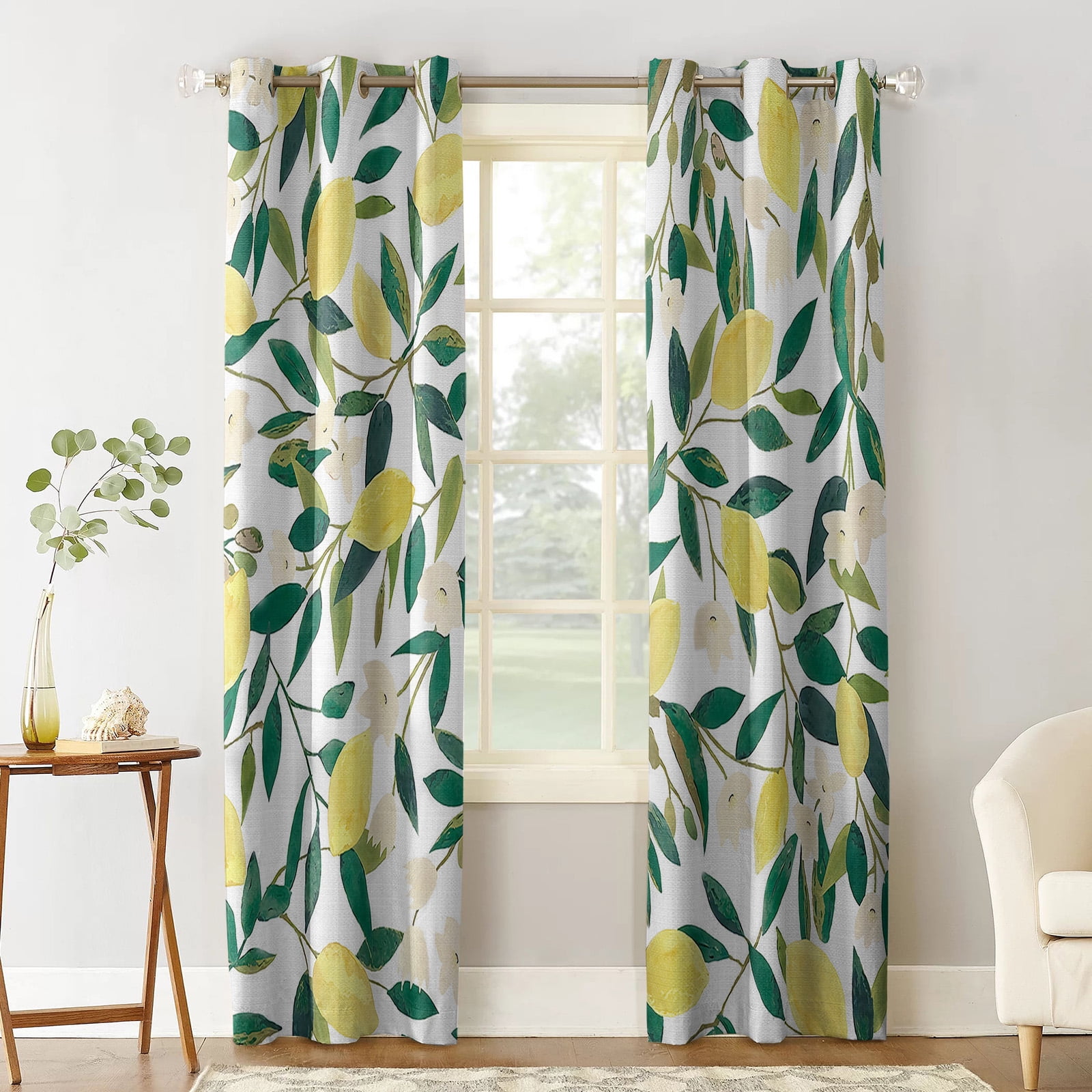 Blackout Room Darkening Curtains, Fruits Yellow Lemon Green Leaves