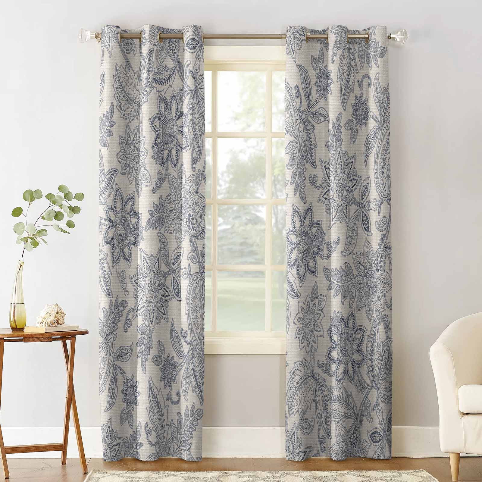 Blackout Room Darkening Curtains, Retro Floral Blue Flowers Line