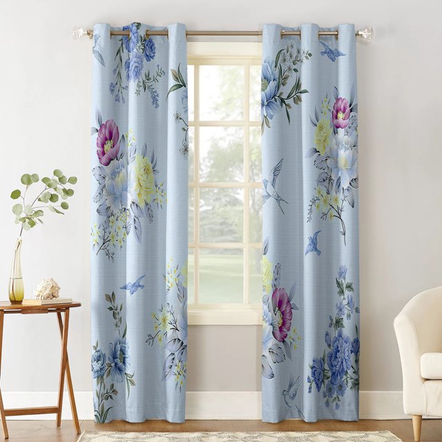 Blackout Room Darkening Curtains, Spring Flowers Bird Blue Thermal