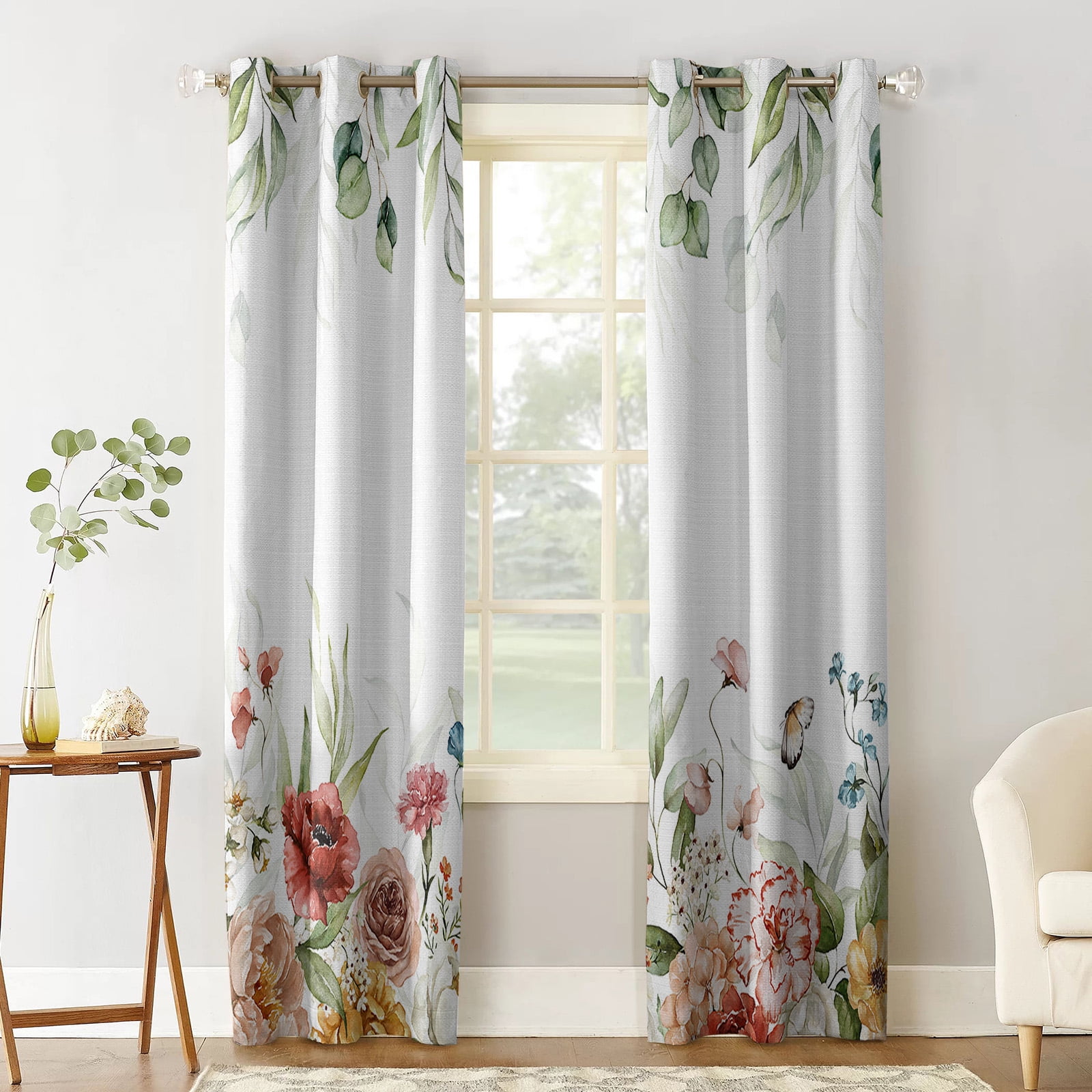 Blackout Room Darkening Curtains, Spring Rose Flowers Watercolor Floral
