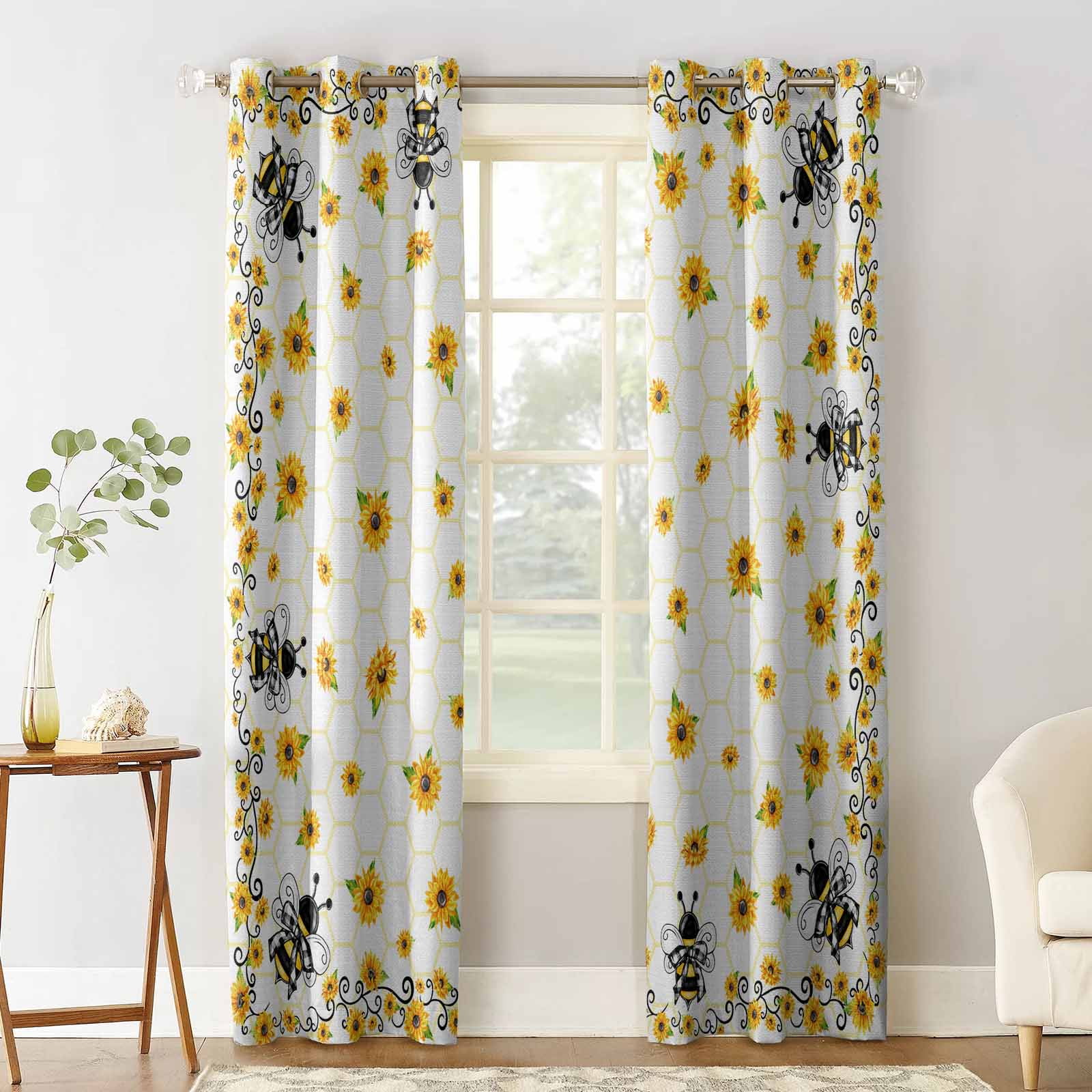 Blackout Room Darkening Curtains, Summer Bee Sunflowers Grain
