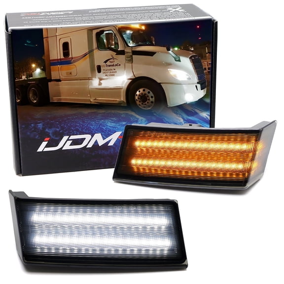 Blackout Smoked Lens Dual-Strip White LED Driving Light/Amber Sequential Blink LED Side Turn Signal Light Assembly, For Freightliner 2018-2026 Cascadia
