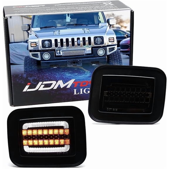 Blackout Smoked Lens White LED Halo Driving Light/Amber Sequential Blink LED Front Turn Signal Light Assembly, For 2003-2009 Hummer H2 SUV SUT