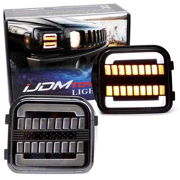 Blackout Smoked Lens White LED Halo Driving Light/Amber Sequential Blink LED Front Turn Signal Light Assembly, For 2006-2010 Hummer H3/H3T