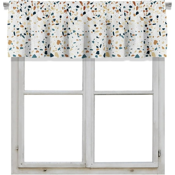 Blackout Terrazzo Stone Floor Rod Pocket Short Window Curtain Valance for Kitchen Bedroom Decor, 52" x 18", Light Grey and Black, 1 Panel