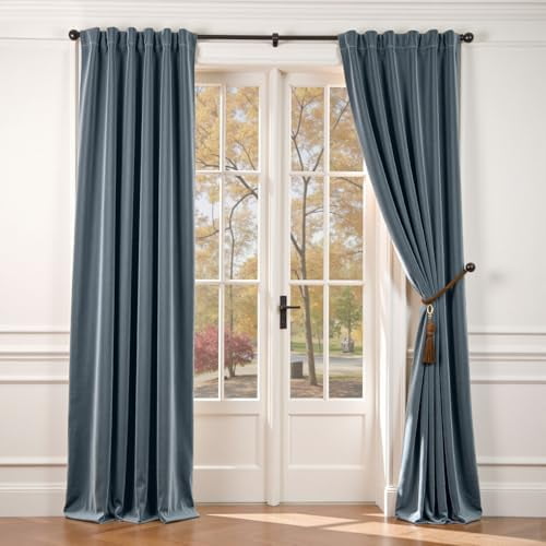 Blackout Thermal Insulated Velvet Curtains for Living Room Bedroom - Super Soft Luxury Window Drapes with Rod Pocket, 2 Panels, Dark Slate, 52 Inches Wide by 84 Inches Long