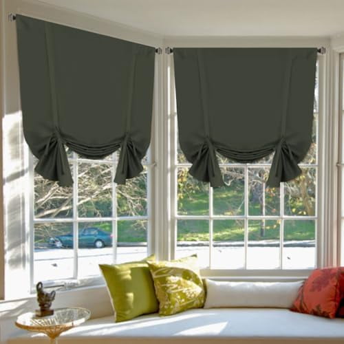 Blackout Tie Up Curtain 2 Panels Thermal Insulated Window Shade Light Blocking Balloon Roman Shade Bathroom Adjustable Rod Pocket Panel for Small Window,42" Wide by 63" Long,Olive