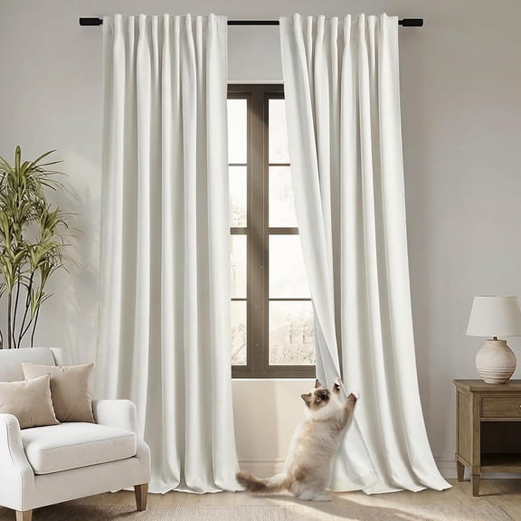 Blackout Track Curtains & Drapes for Track System Pleated with Hooks Rings 2 Panels Set, Linen Black Out Back Tab Curtains for Living Room, Cream Ivory