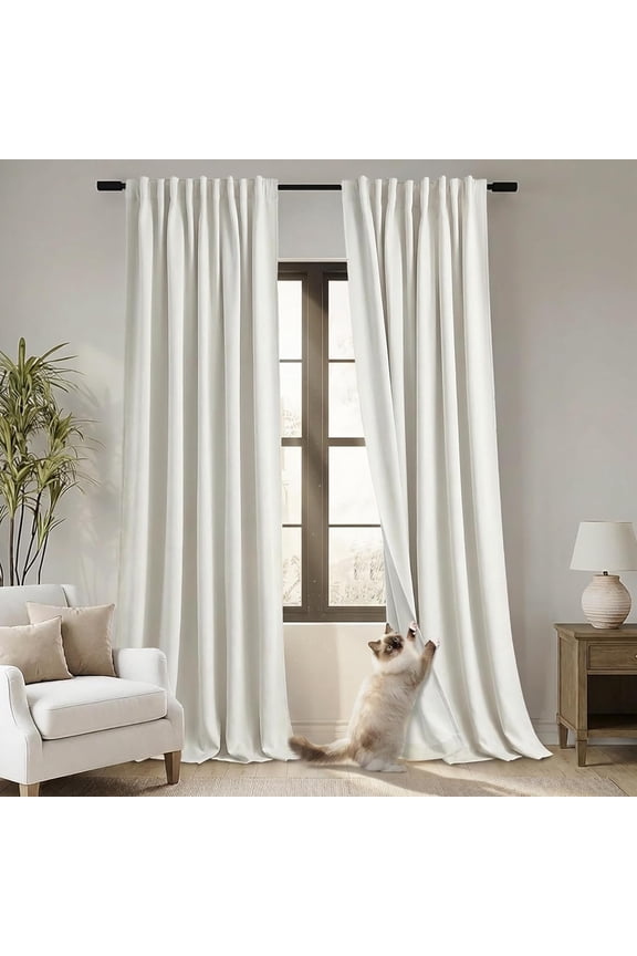 Blackout Track Curtains & Drapes for Track System Pleated with Hooks Rings 2 Panels Set, Linen Black Out Back Tab Curtains for Living Room, Cream Ivory
