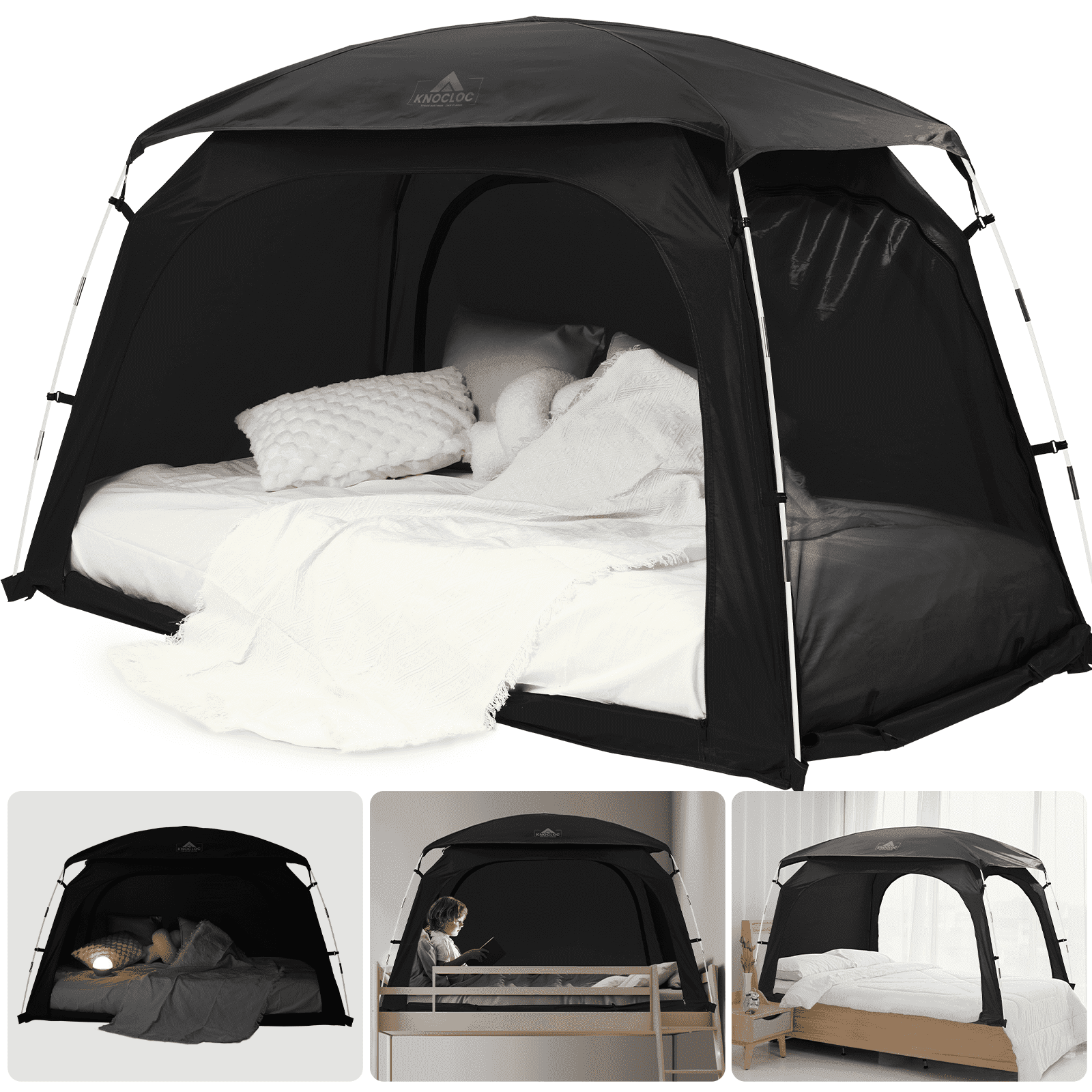 KNOCLOC Blackout Twin Bed Tent for Kids, with Built-in Fan Pocket for Improved Airflow, Sensory Bed Tent for Children & Adults, Great for Starting Solo Sleep, Sleepover, Roomsharing (Black)