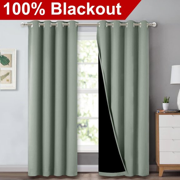 Blackout Window Curtain Panels, 84 Inches Drop, Greyish Green, 2 Pieces, 52" Wide per Panel