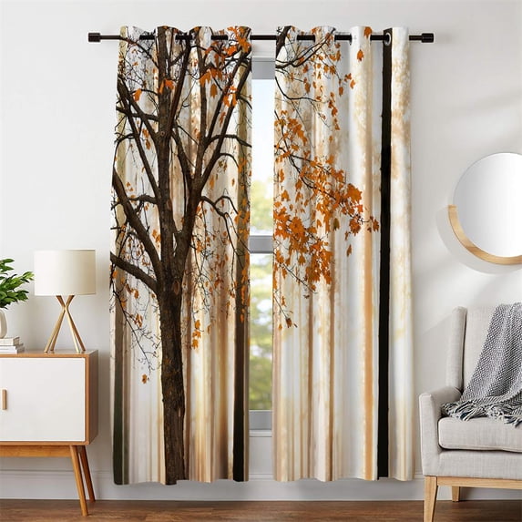 Blackout Window Curtains Maple Tree Printing Silky Satin Brown Orange Fall Leaves Grommet Drapes for Living Room Bedroom Decor Thermal Insulate( 42 inch Wide by 45 inch Long - 2 Panels)