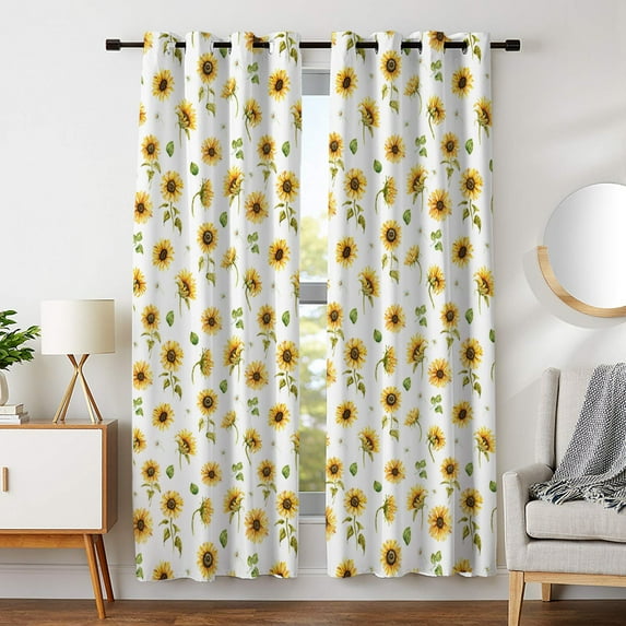 Blackout Window Curtains White Modern Sunflower Silky Satin Watercolor Yellow Flower Green Leaf Floral Grommet Drape Living Room Bedroom Decor Thermal Insulate(53 inch Wide by 120 inch Long -2 Panels)