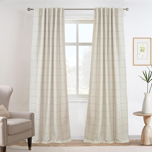 Blackout Windowpane Plaid Linen Curtains Double Layer Thermal Insulated Rod Pocket Back Tab 2 Panels Taupe 52"W x 96"L