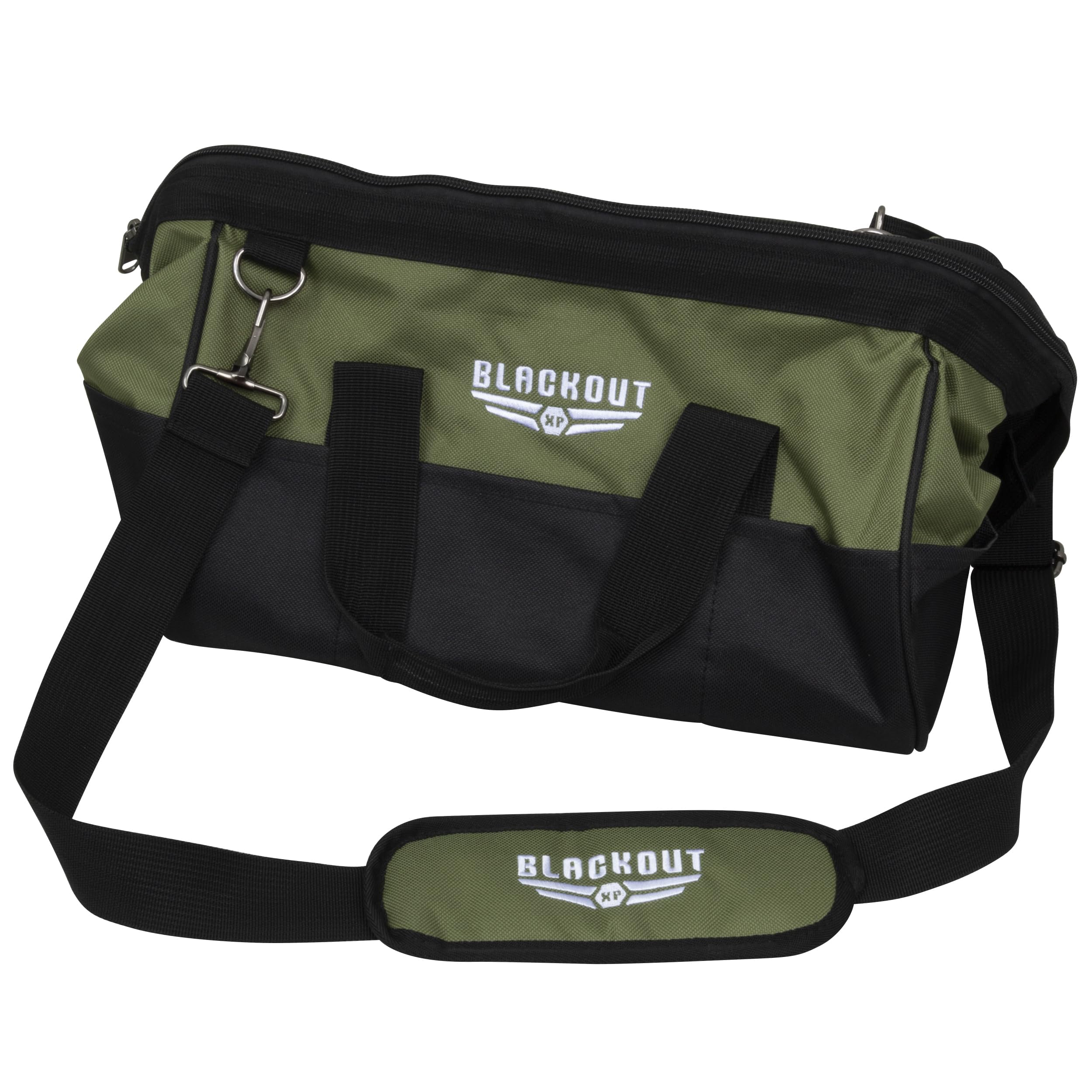 Blackout XP Tool Bag, Multi-pocket Tool Organizer with Adjustable Shoulder Strap, Green and Black