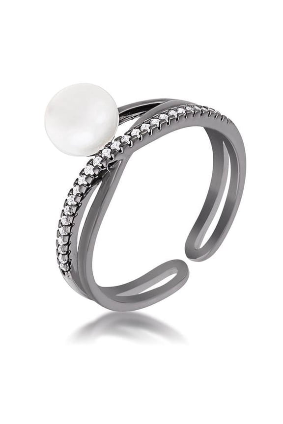 Blackplated Cubic Zirconia and Pearl Bypass Half Ring