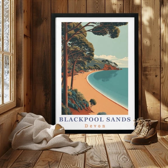 Blackpool Sands Devon Poster, South Devon Coastal Beach Print, Vintage Seaside Art , Poster Print Only