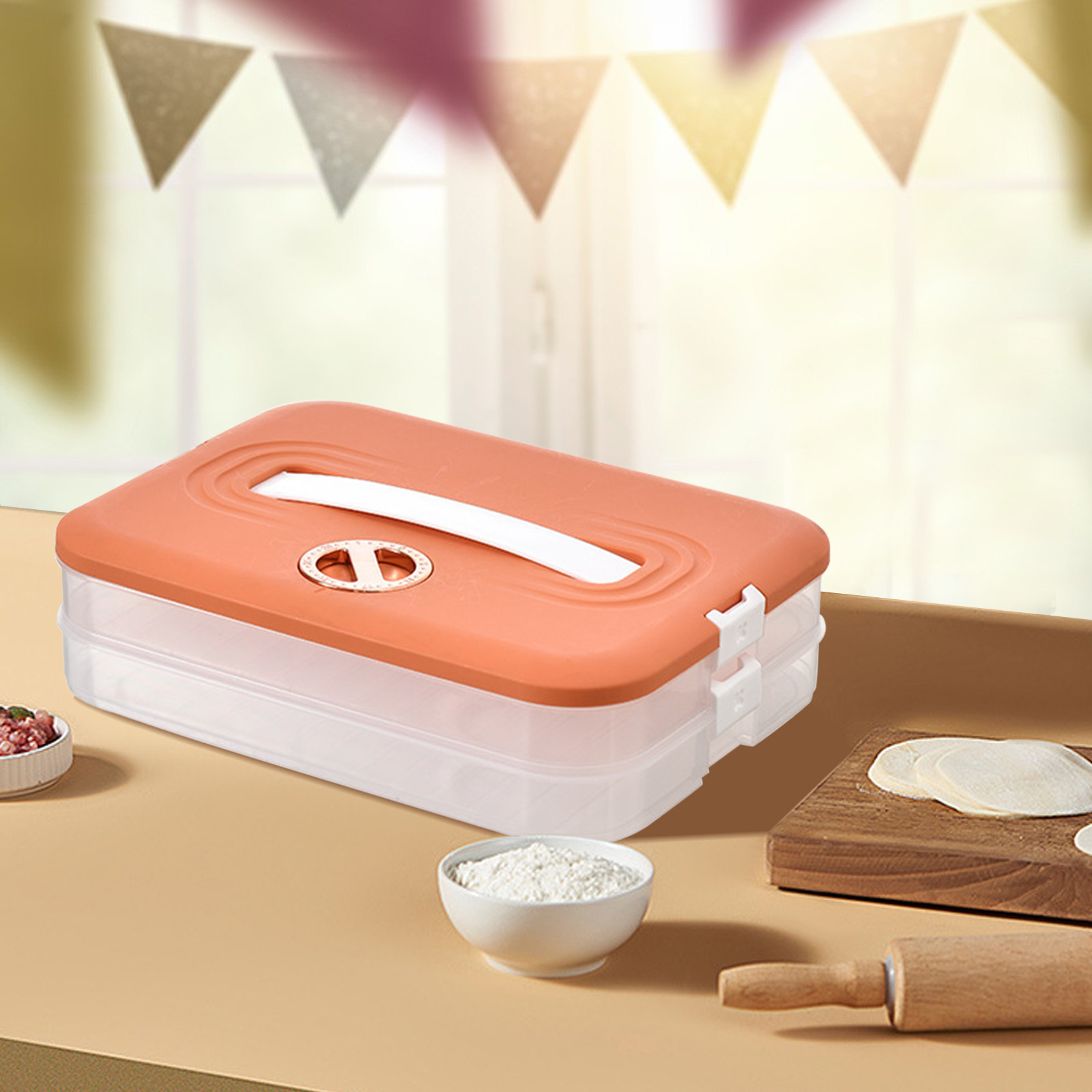 Latrodar Double Layer Dumpling Box, Home Refrigerator Dumpling Box, Kitchen Won-ton Preservation Box, Dumpling Box With Lid Orange Creative 9.6x3.6 Inch