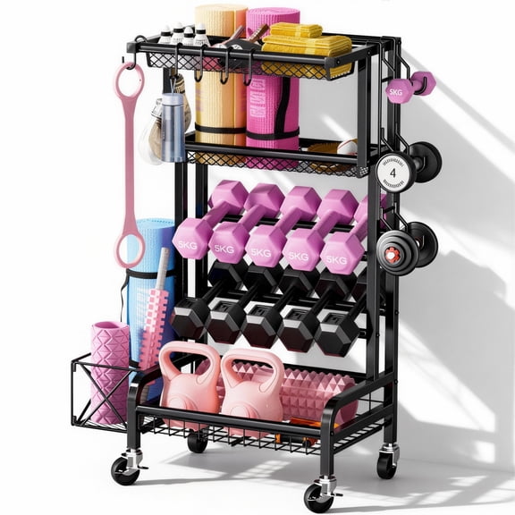 Weight Rack,Blacksmith 5-Layer Dumbbell Rack Sports Equipment Organizer Rack with Wheels and Hooks,Black
