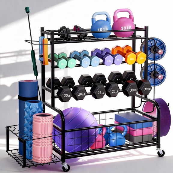 Weight Rack,Blacksmith 4-Layers Extra Large Heavy Duty Dumbbell Rack,Sports Equipment Organizer with Wheels and Hooks,Black