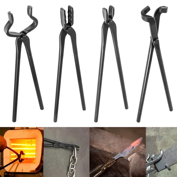 Blacksmith Forging Tools Knife Making Tongs Set Fire Tongs Anvil Blacksmithing Tongs Forge Tools Includes V-Bit Bolt Tongs, Wolf Jaw Tongs, Flat Tongs, Blade Tongs (Pack of 4) Y101