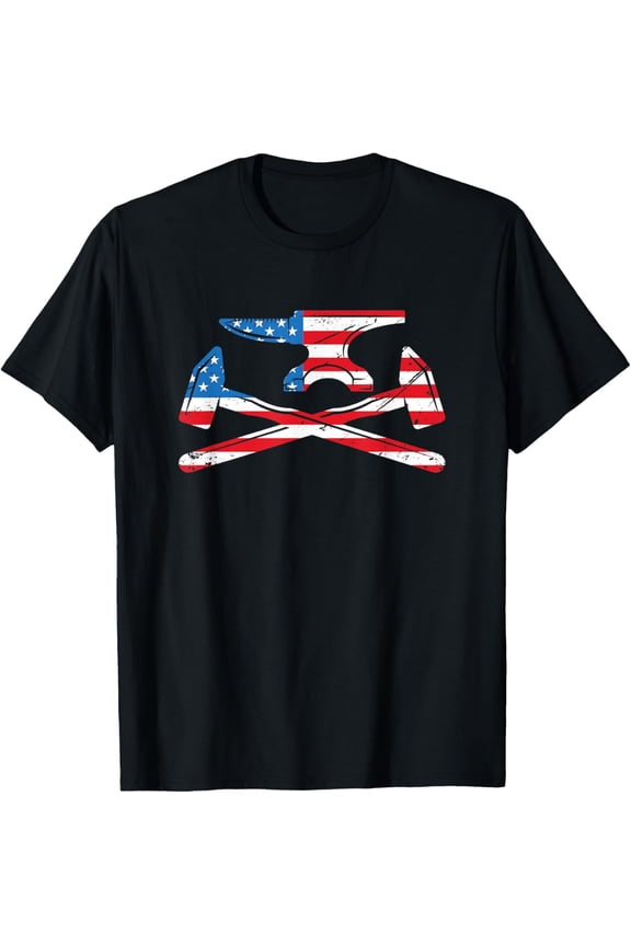 Blacksmith - Knife Maker Hammer Anvil USA Flag Steel Gift T-Shirt