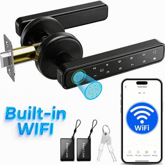 Door Lock,Blacksmith 5 in 1 Smart Door Lock with WiFi Gateway and Fingerprint,App,Password,Key,Card Quick Unlock,Smart Door Handle,Black