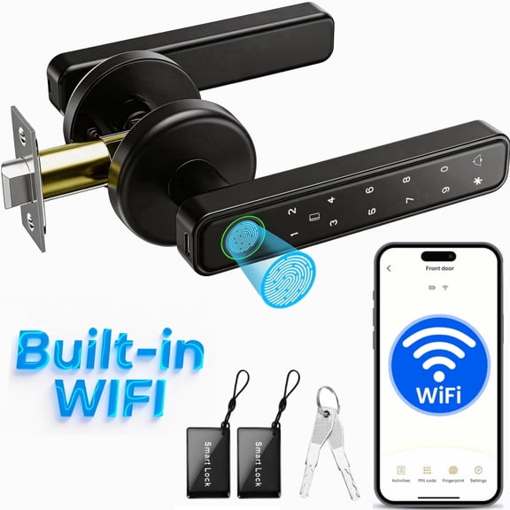 Door Lock,Blacksmith 5 in 1 Smart Door Lock with WiFi Gateway and Fingerprint,App,Password,Key,Card Quick Unlock,Smart Door Handle,Smart Lock for Door,Black