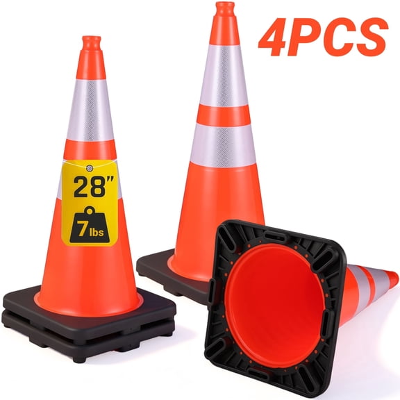 Traffic Cones,GOCHIFIX 4 Pack 28 Inch 7lbs Safety Cones with Heavy Base,Orange Safety Cone with Reflective for Parking Lot, Construction Work, Road Safety