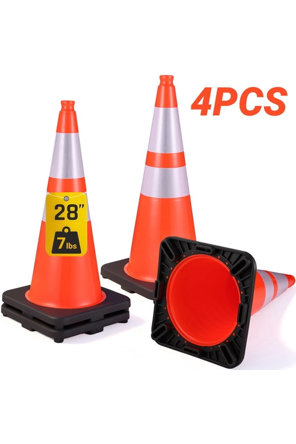 Traffic Cones,GOCHIFIX 4 Pack 28 Inch 7lbs Safety Cones with Heavy Base,Orange Safety Cone with Reflective for Parking Lot, Construction Work, Road Safety